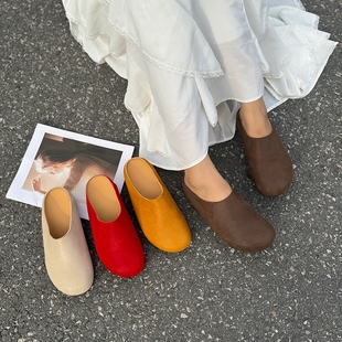 芒果头厚底外穿博肯拖鞋 时尚 新款 原创复古羊皮包头拖女2026春夏季