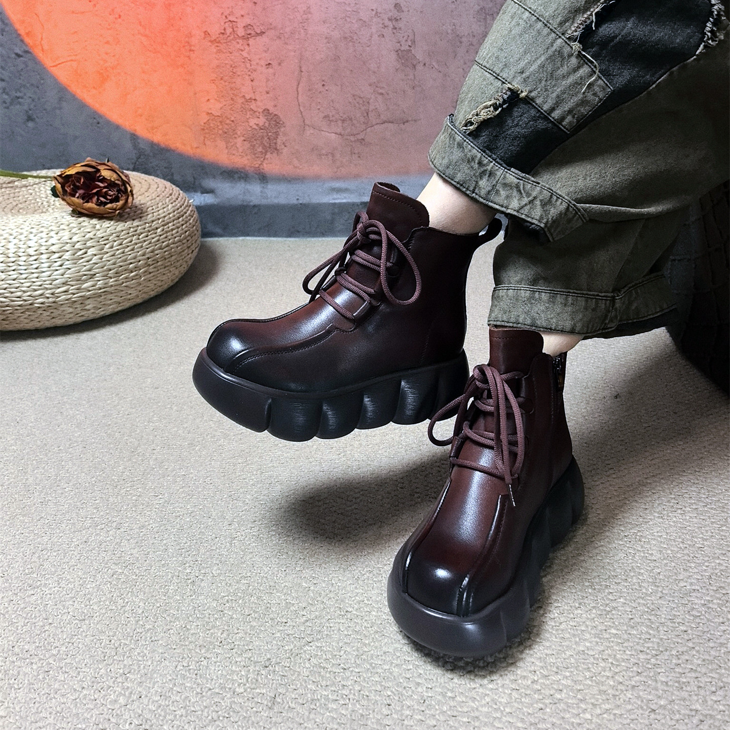 【单里绒里】真皮厚底复古短靴