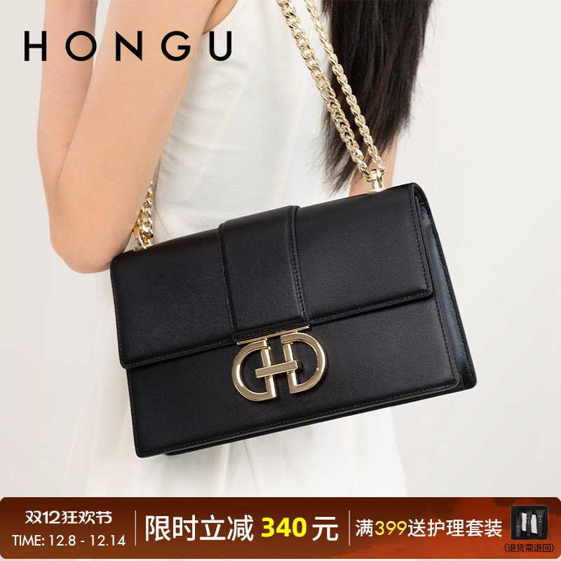 HONGU红谷女包包牛皮单肩斜挎链条小方包时尚百搭休闲腋下包包