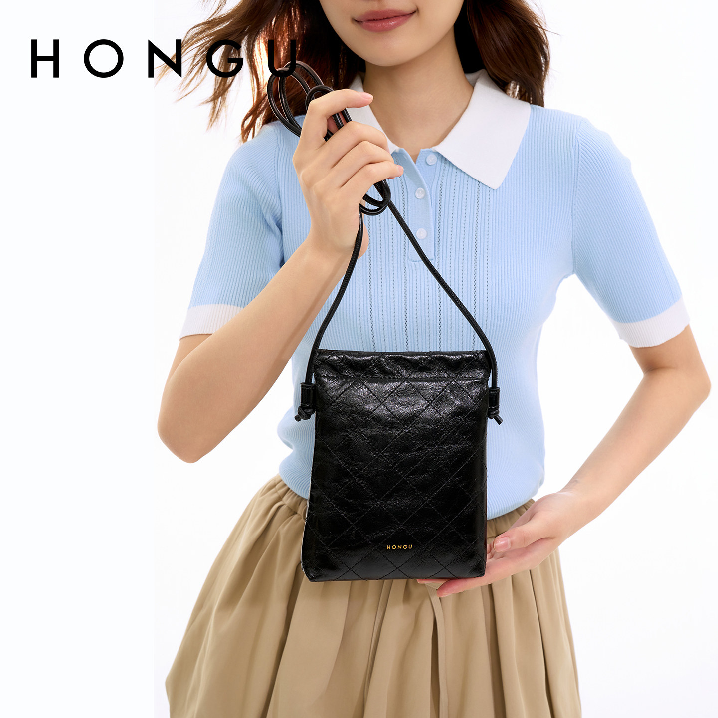 HONGU/红谷新款包包女手机包绣线斜挎包休闲百搭逛街包小巧精致