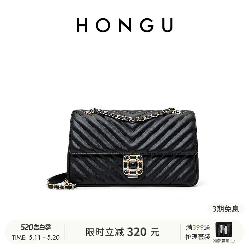 HONGU红谷女包新款牛皮菱格链条方包时尚百搭单肩斜挎手提腋下包