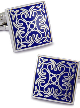 蓝色图腾 镀白金袖扣 精致珐琅彩 衬衫袖钉 男士袖口1