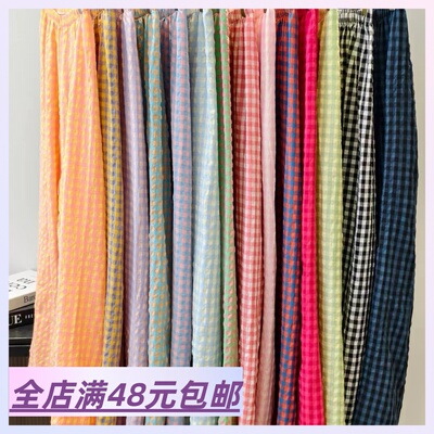 包邮 到手2条 按2的倍数拍 多巴胺棉麻格子裤 透气性好 不闷热