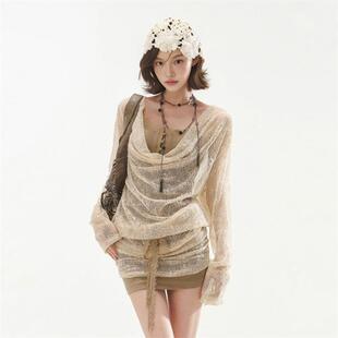 氛围感蕾丝荡领吊带连衣裙女夏季 包臀裙 设计感小众假两件罩衫 修身