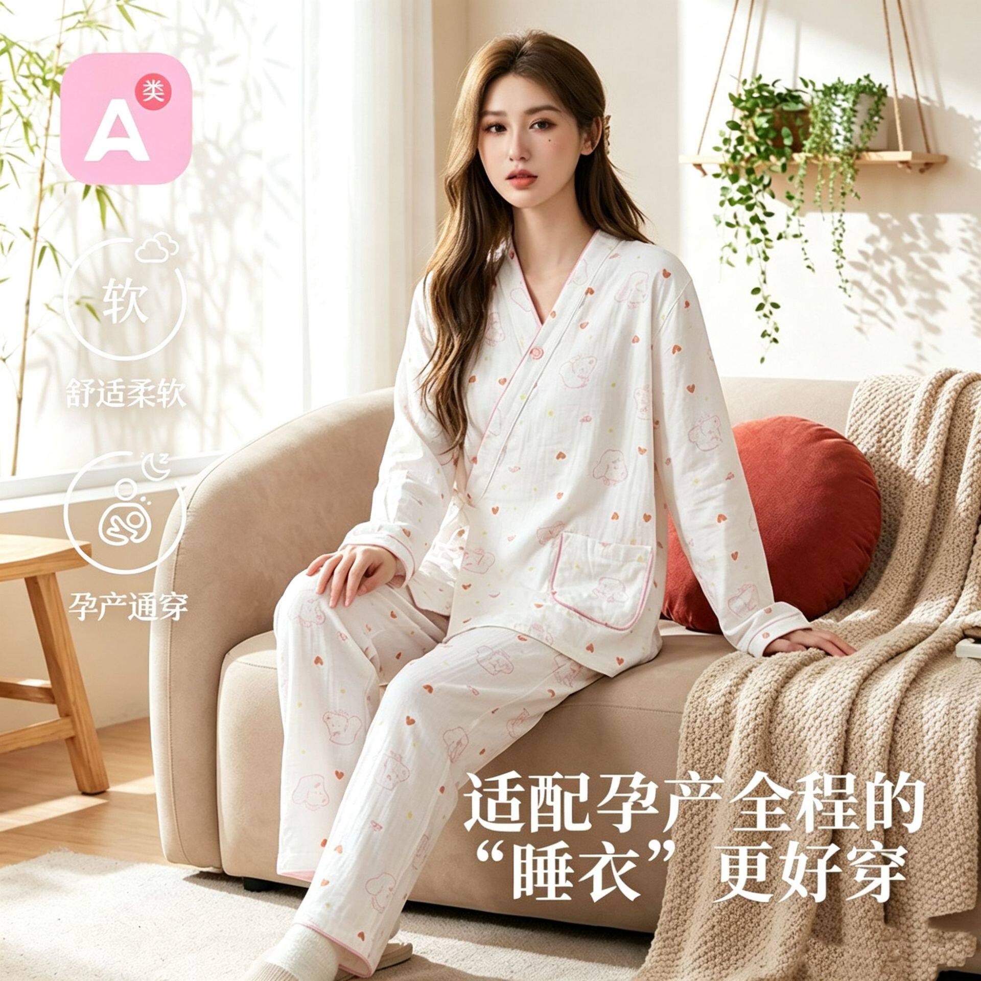 新款纯棉纱布可爱泰迪月子服套装春秋夏季薄款孕妇产后哺乳睡衣套