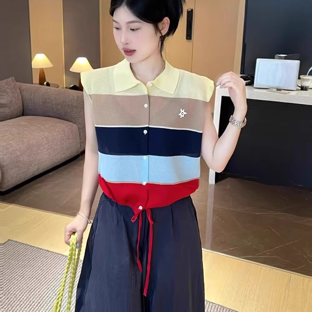 时尚百搭翻领无袖拼色条纹针织衫女2025夏季新款休闲宽松马甲上衣