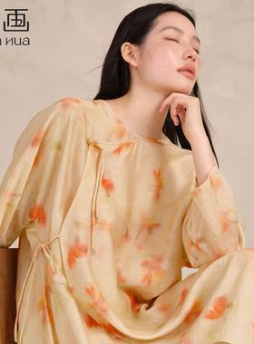 宽画90251秋冬款小碎花宽松睡裙舒适女睡裙中式国风套头家居睡裙