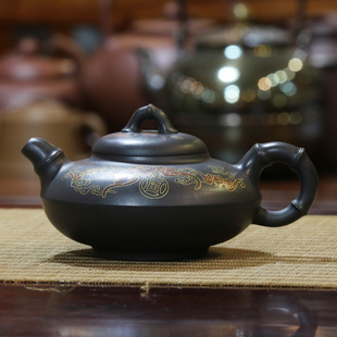 宜兴名家纯手工紫砂壶原矿黑料周峰宋小华福运连连卡金镶金茶壶