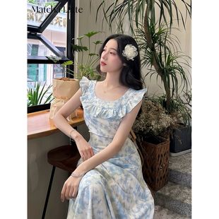 無(wú)袖 法式 大碼 收腰碎花暈染連衣裙夏季 后背性感V領(lǐng)裙子