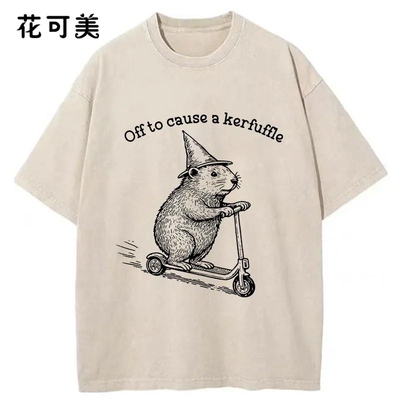 花可美纯棉短袖T恤男卡通印花搞笑小猫宽松圆领上衣