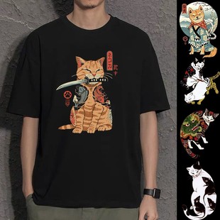 花可美浮世绘T恤橘猫短袖柴犬周边猫奴日系和风情侣装衣服男女t桖