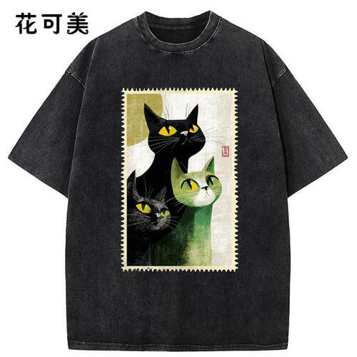 花可美美式复古猫咪印花短袖T恤男宽松纯棉情侣上衣街头风