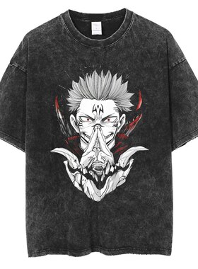 Jujutsu Kaisen五条悟咒术回战Gojo Satoru纯棉夏季复古水洗黑T恤
