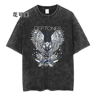 deftones欧美纯棉百搭宽松学生水洗做旧t恤男女同款hiphop短袖