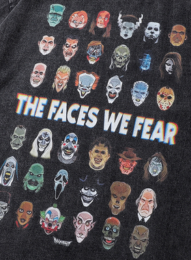 2024男式嘻哈街头服饰T恤Scary Faces图案水洗黑色T恤棉质宽松短