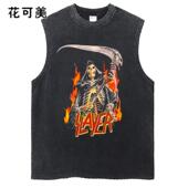 宽松摇滚吉他印花无袖 花可美SLAYER摇滚乐队印花休闲服装 夏款 T恤