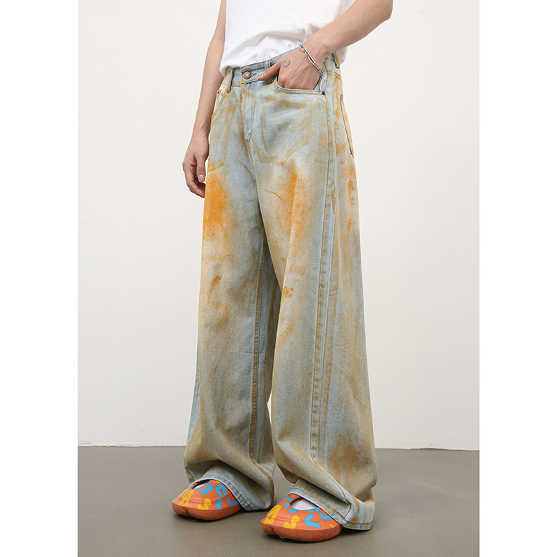 拉链长裤油漆喷溅四季牛仔裤