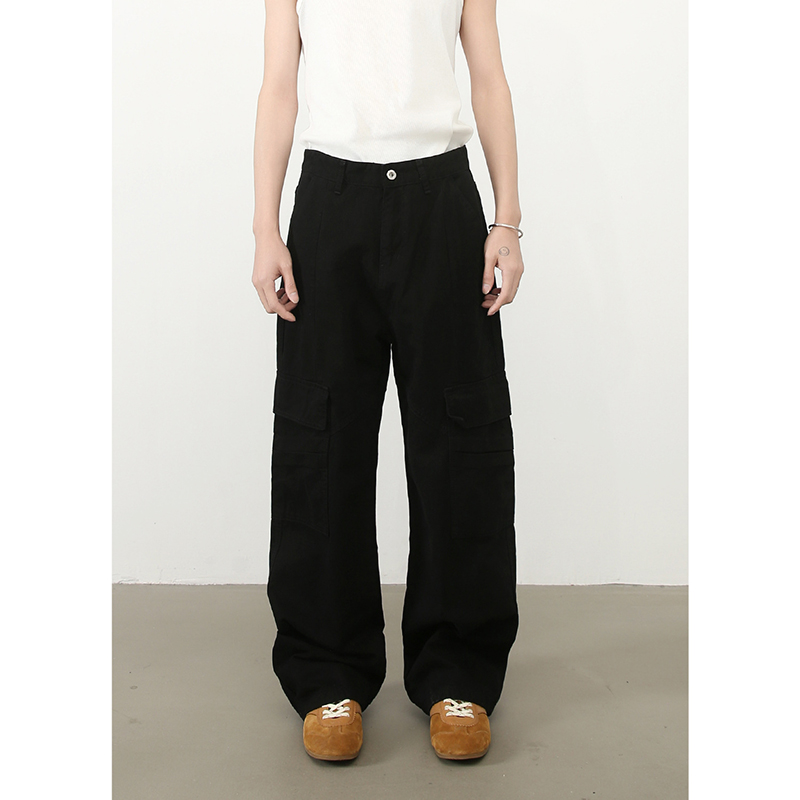 sicnhe美式高街黑色伞兵工装牛仔裤男宽松垂感大口袋休闲裤潮牌