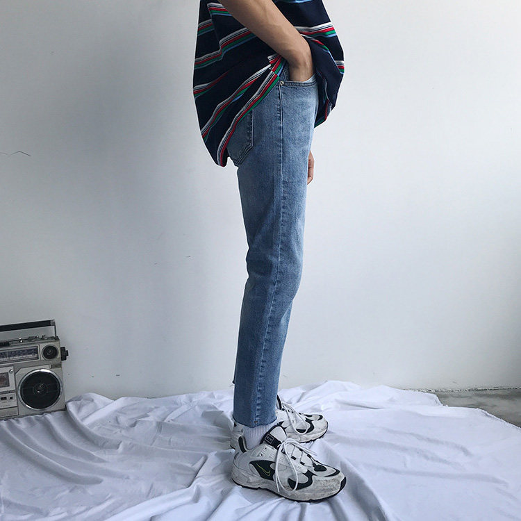 四季百搭简约chic猫须修身毛边浅蓝色九分牛仔裤男须边裤脚小脚潮