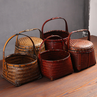 手工竹编篮复古竹篮竹筐箩筐手提篮茶道收纳篮子带盖食盒竹篓包邮