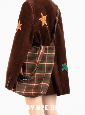 DAY BYE DAY原创单肩斜挎毛呢格女个性小众大容量通勤托特包双面