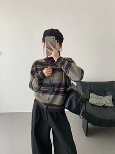 韩版高领翻领条纹拼色设计感羊驼绒毛衣女显瘦百搭洋气全羊毛上衣