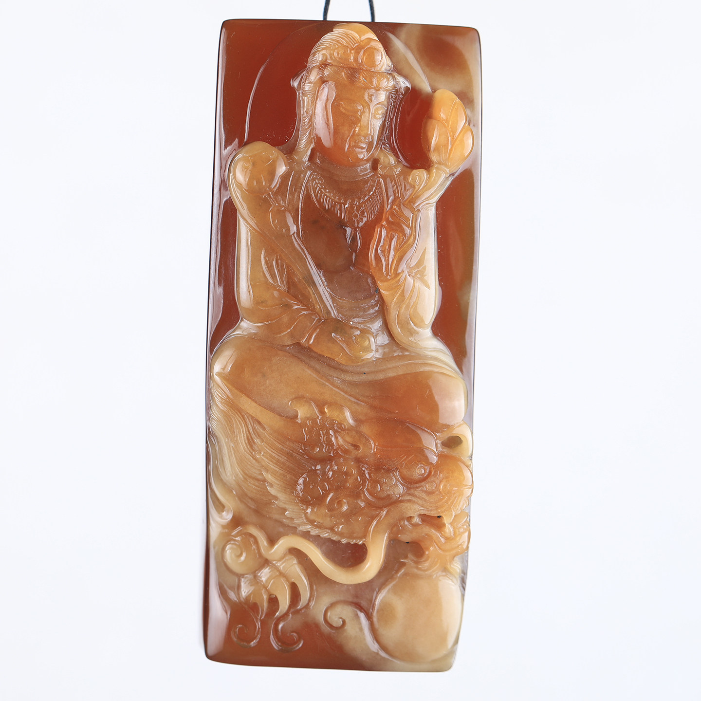 万福天然缅甸琥珀焦糖猪油双色蜜蜡观音吊坠俏色神龙护主方牌大气