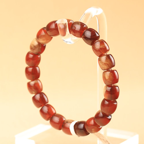 天然缅甸琥珀直切桶珠老型珠手串金珀棕红蜜溶洞单圈简约送礼