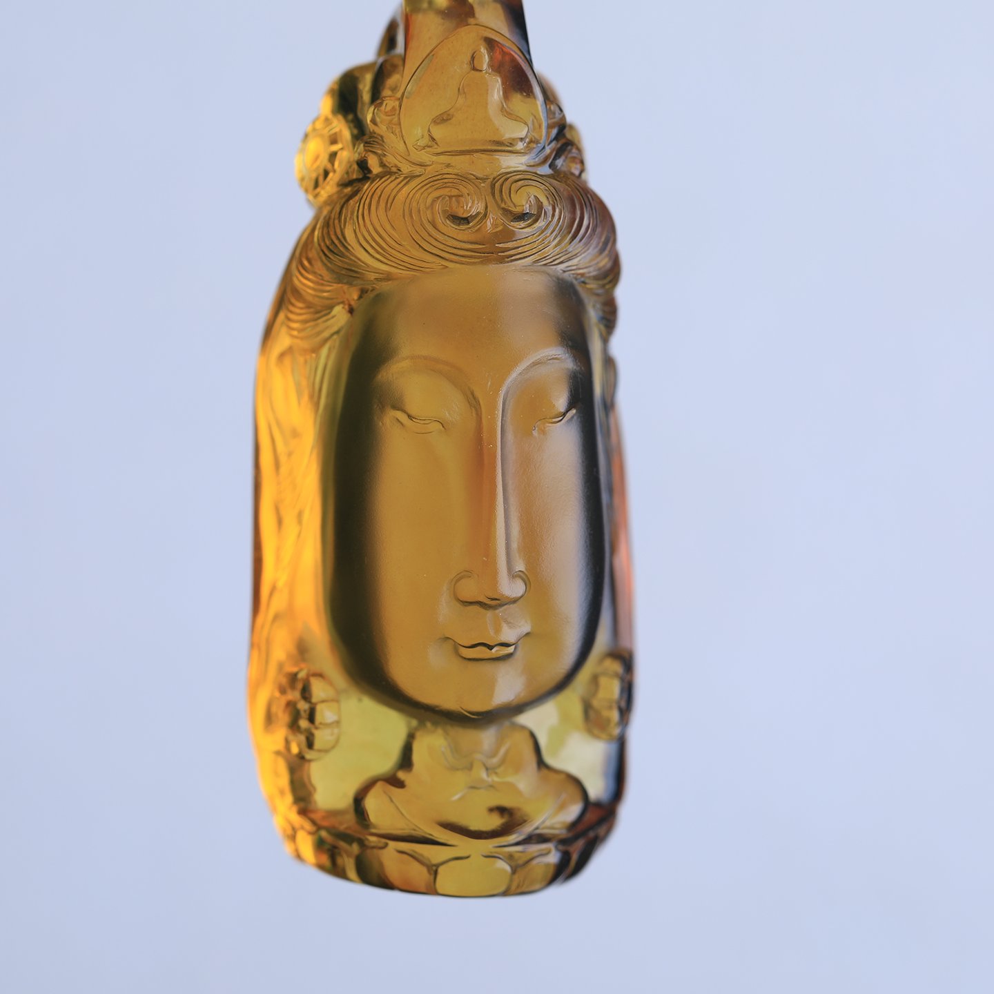 万福天然缅甸琥珀金珀观音长脸佛吊坠立体雕刻法冠跑环巧雕高级