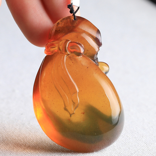 陈万福珠宝缅甸琥珀红蜜根珀溶洞蓝珀钱袋子俏色巧雕招财纳福吊坠