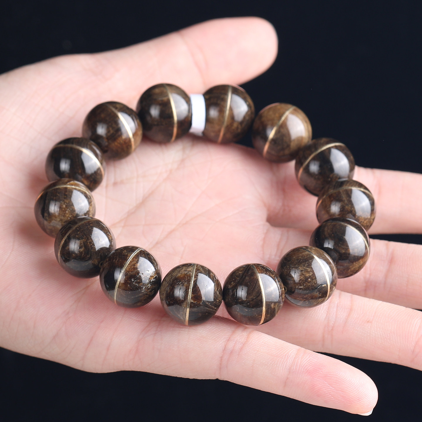 万福天然缅甸琥珀一线天手串纯黄铜沙根蜜蜡文玩个性男式送礼时尚