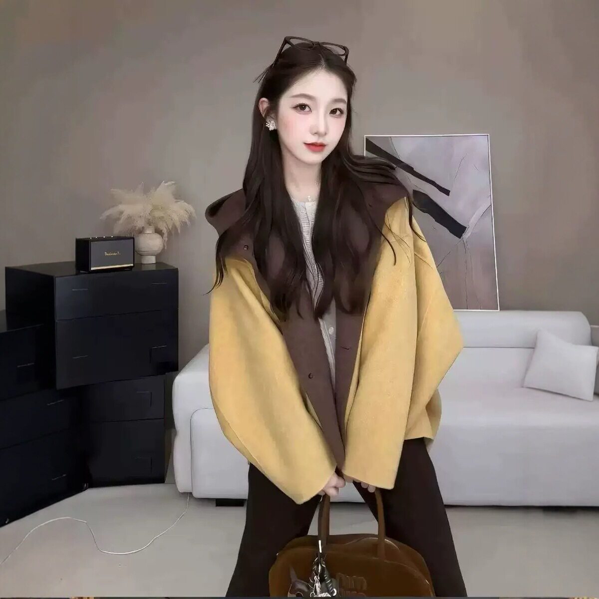 【两件套】新款黄色连帽斗篷设计感双面羊毛大衣2025秋冬外套女