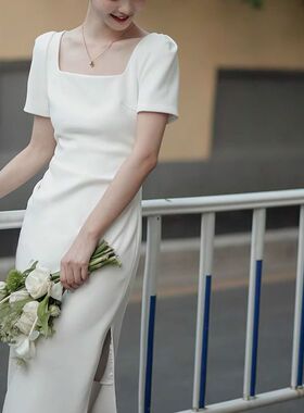 白色包臀连衣裙夏高级感法式名媛气质订婚主持人小礼服女平时可穿