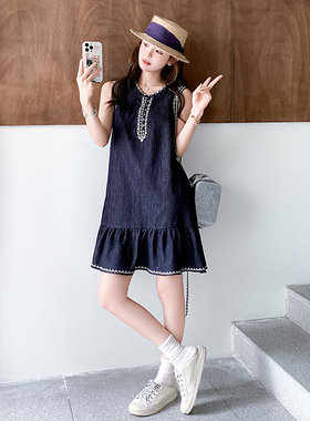 现货2025新款夏季牛仔刺绣背心裙牛仔鱼尾裙 2551P135控198