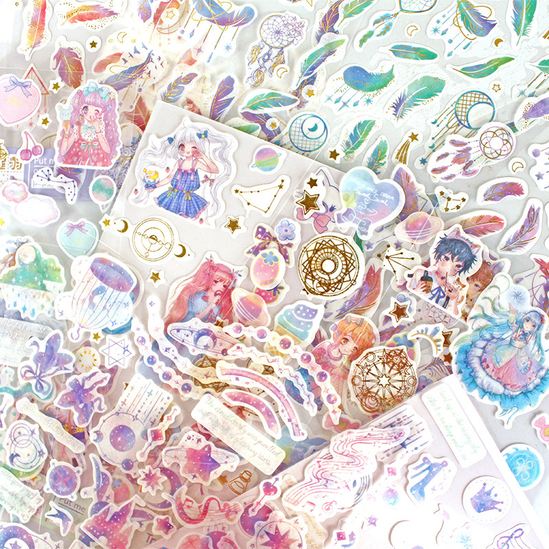 星空 羽毛梦幻女孩和纸diy相册日记 平面烫金手账贴纸画
