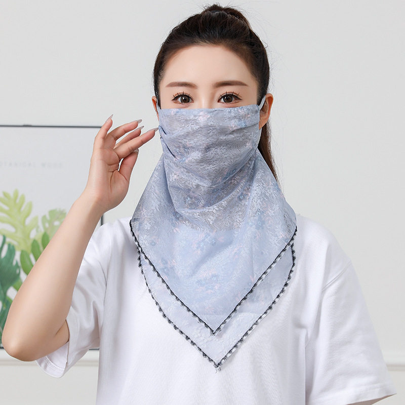 夏季蕾丝三角巾面罩防紫外线防晒遮阳薄透气户外骑行加长护颈口罩