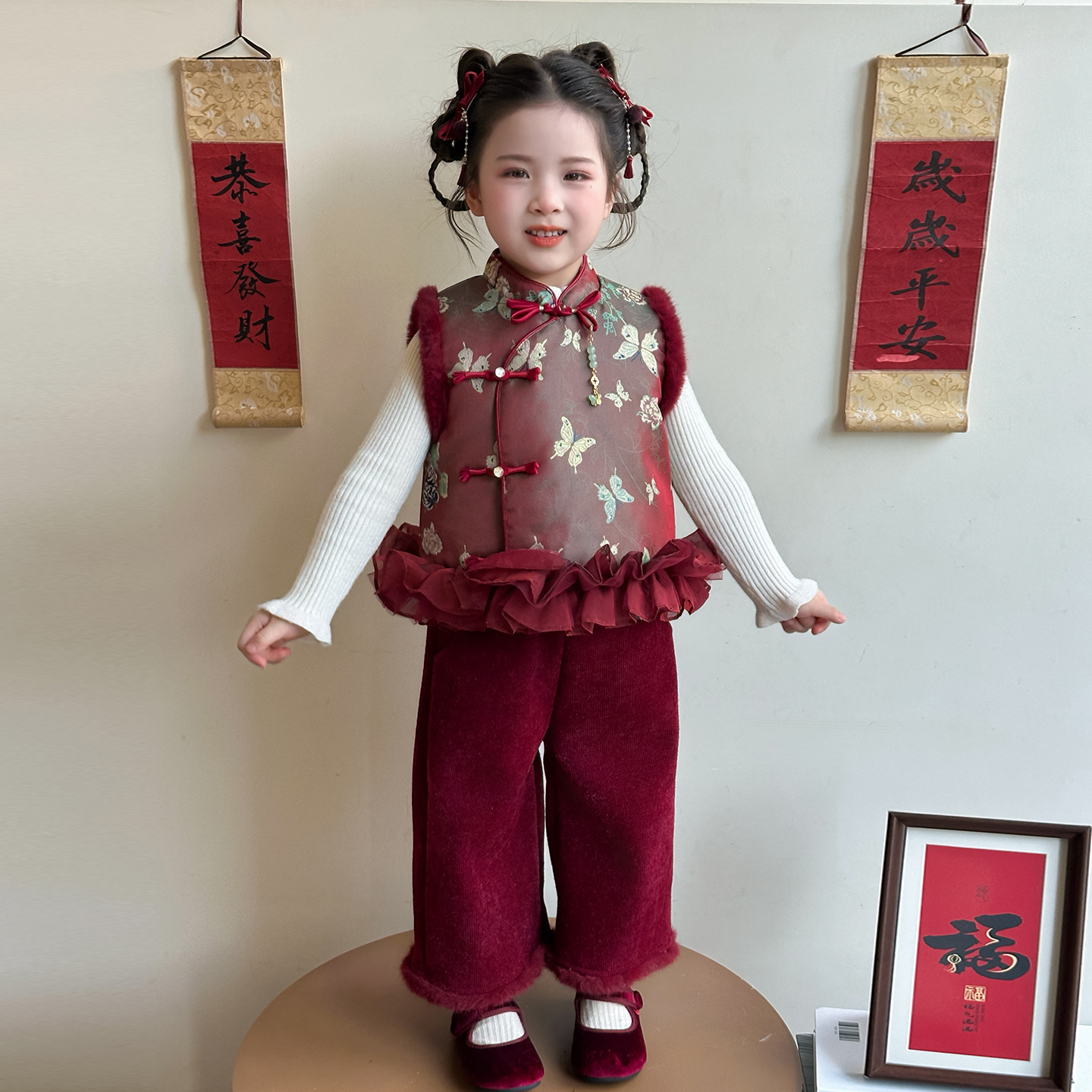 女童拜年服冬季新中式儿童宝宝加绒马甲冬装中国风演出服过年衣服
