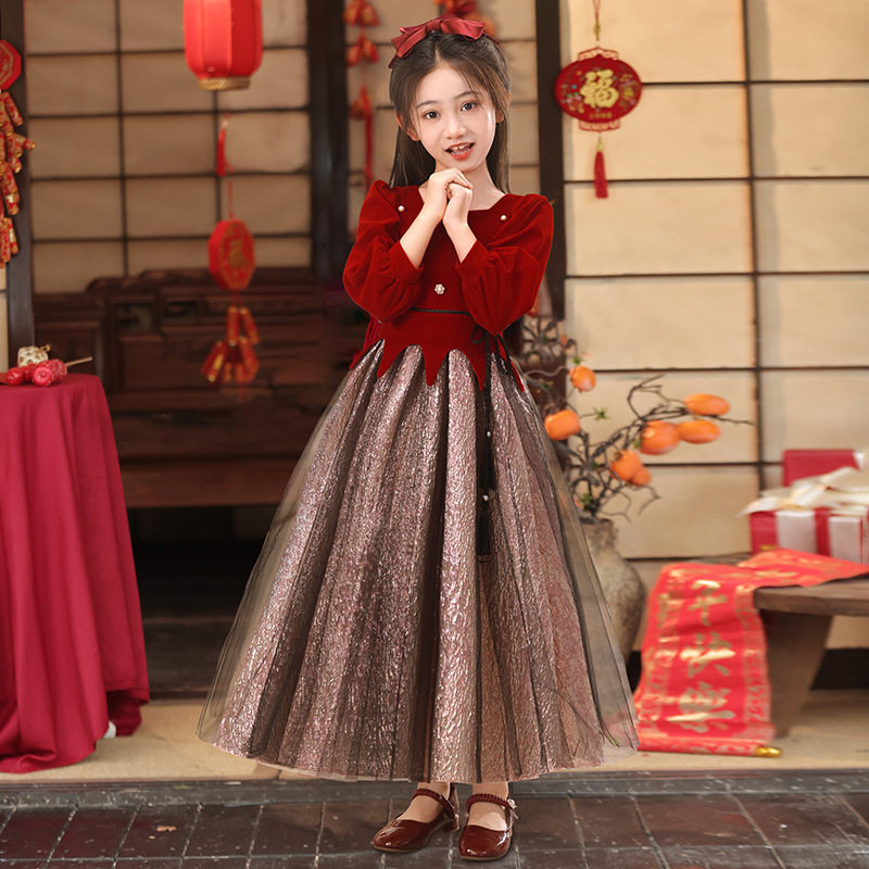 现货热卖女童礼服红色喜庆2025新款长款新年衣服秋冬洋气时髦裙子