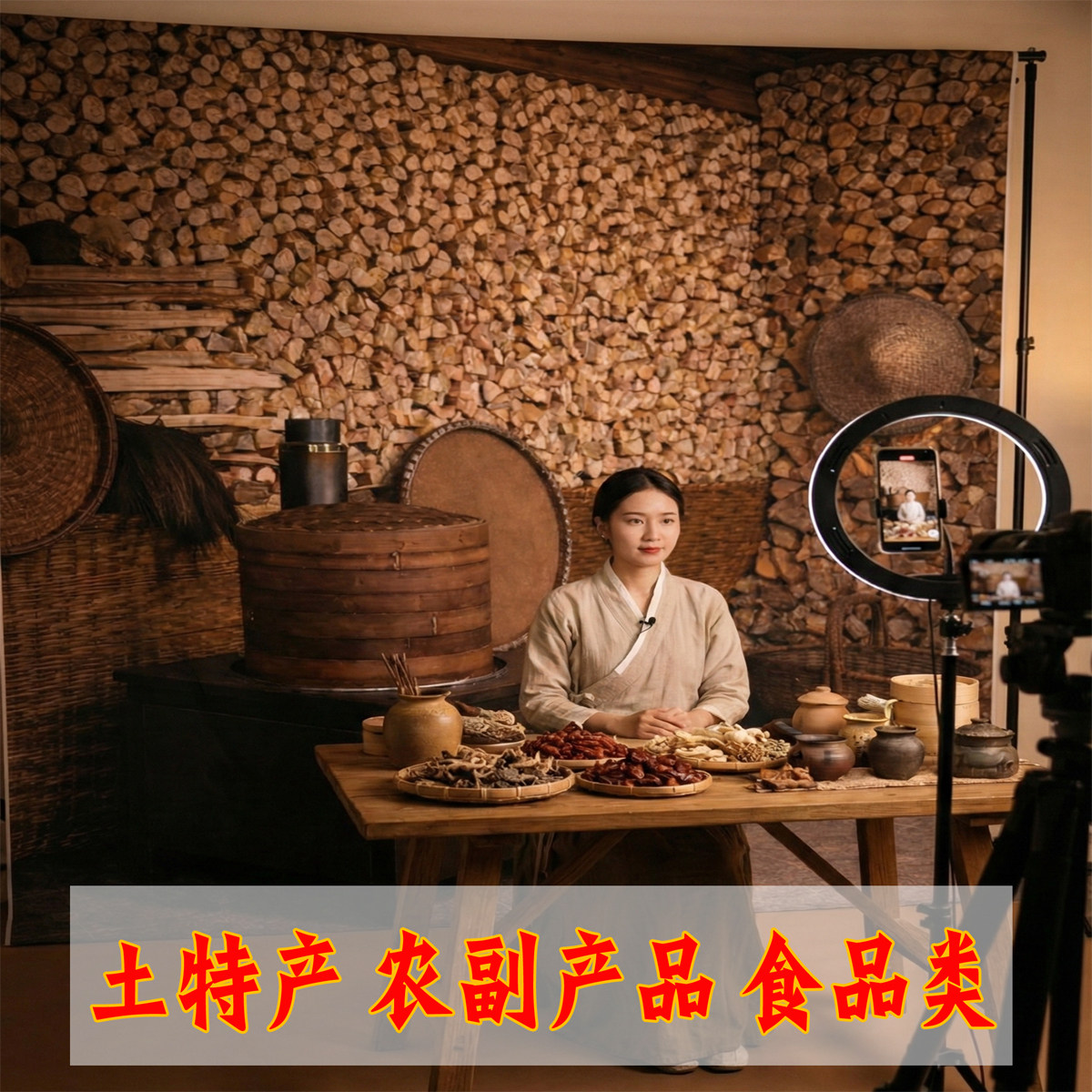 土特产农家厨房直播零食货架3D立体仿真网红拍新年喜庆炒货背景布