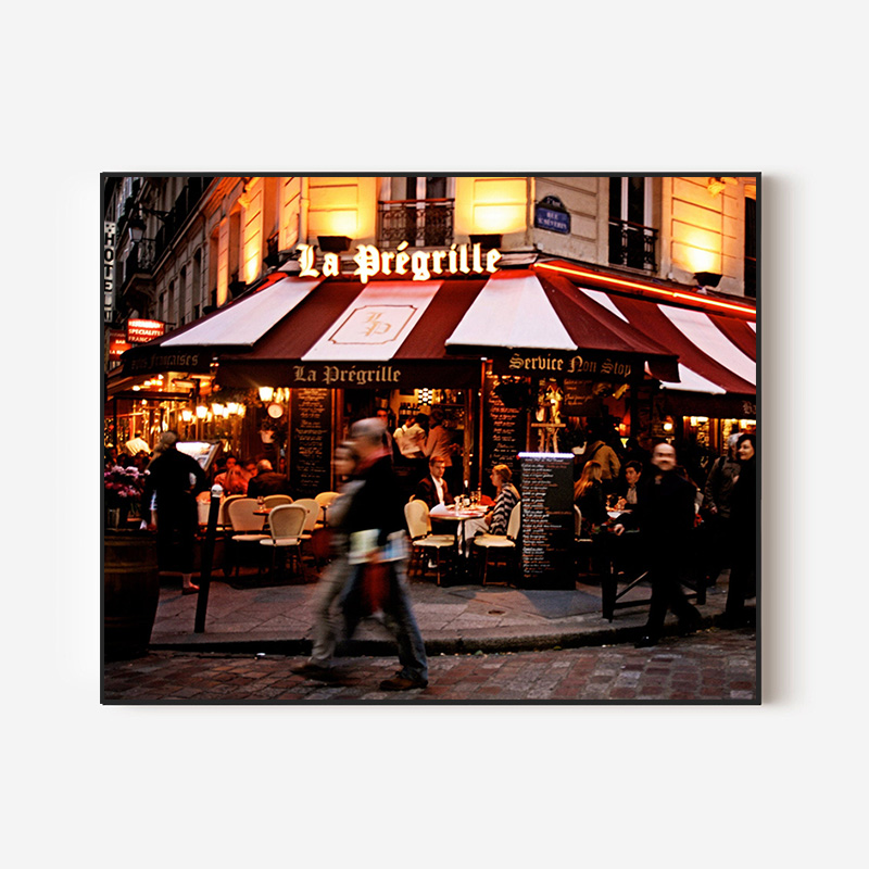 美式乡村巴黎夜景城市街道暗红色法国小餐馆照片墙挂画摄影装饰画