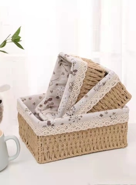 编织桌面收纳筐化妆品发饰内衣收纳盒箱钥匙杂物客厅藤草编收纳篮