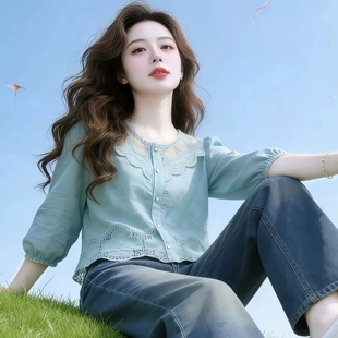 法式甜美风蕾丝花边纯棉七分袖衬衫女夏宽松百搭减龄洋气上衣