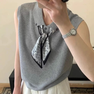 新款 丝巾洋气无袖 2025夏季 韩系POLO翻领时尚 25231 针织衫 女上衣