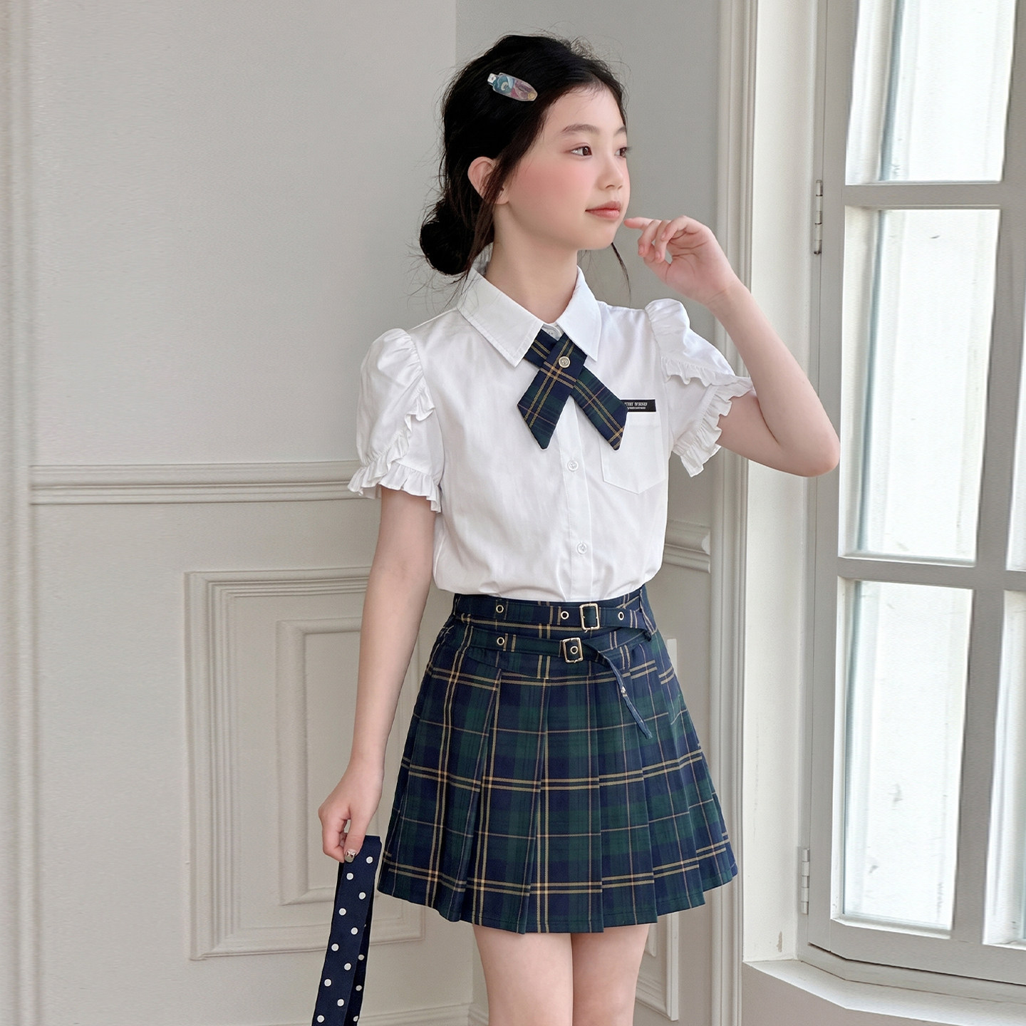 学院风女童JK短袖套装夏季中大童带领结衬衫洋气格子百褶裙两件套