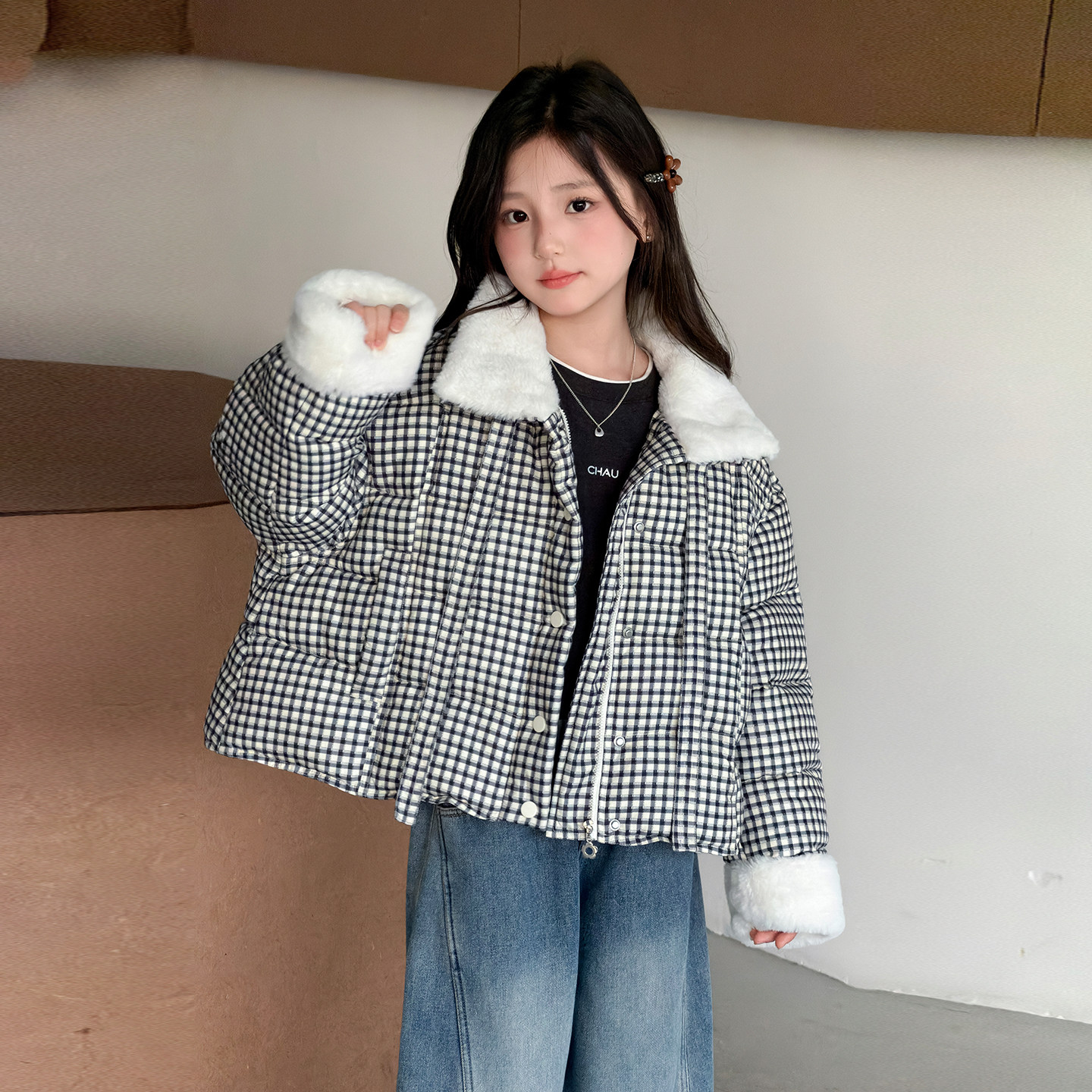 女童棉服秋冬装新款中大童韩版加厚夹棉外套韩版洋气格子棉袄保暖
