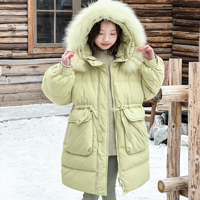 长款加厚女童连帽毛领羽绒服外套