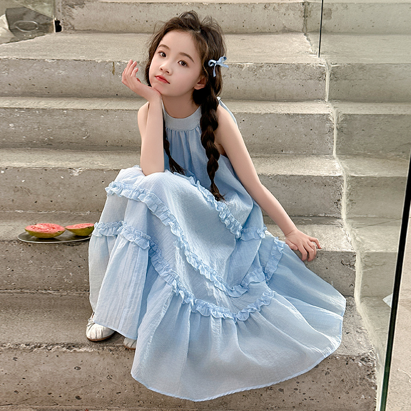 女童无袖连衣裙夏季2025新款儿童蓝色公主裙韩版背心裙高级感裙子