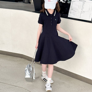 短袖 女童連衣裙夏裝 2025新款 中大童修身 刺繡針織裙洋氣 polo裙韓版