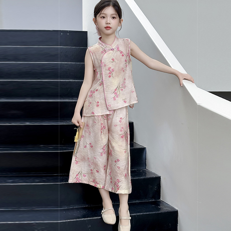 女童新中式套装夏季2025新款中大童国风盘扣上衣雪纺阔腿裤两件套