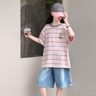 女童休闲套装夏季26新款条纹短袖T恤宽松牛仔7分短裤两件套中大童
